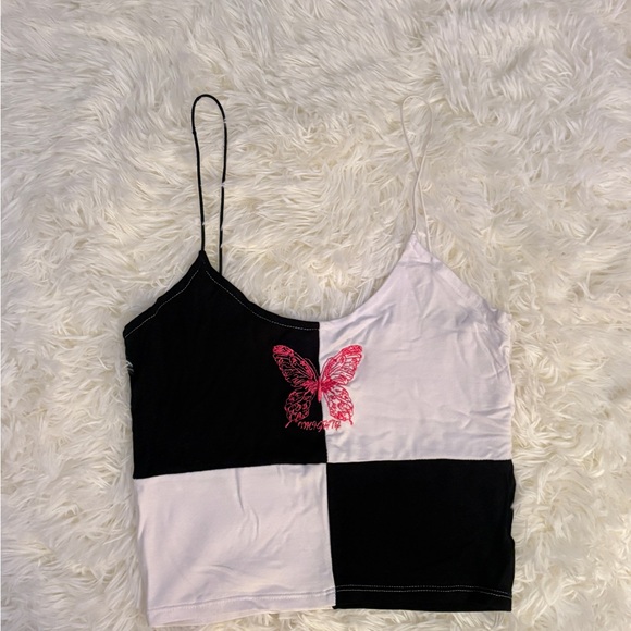 omighty Tops - OMIGHTY Black and White Camisole with Pink Butterfly